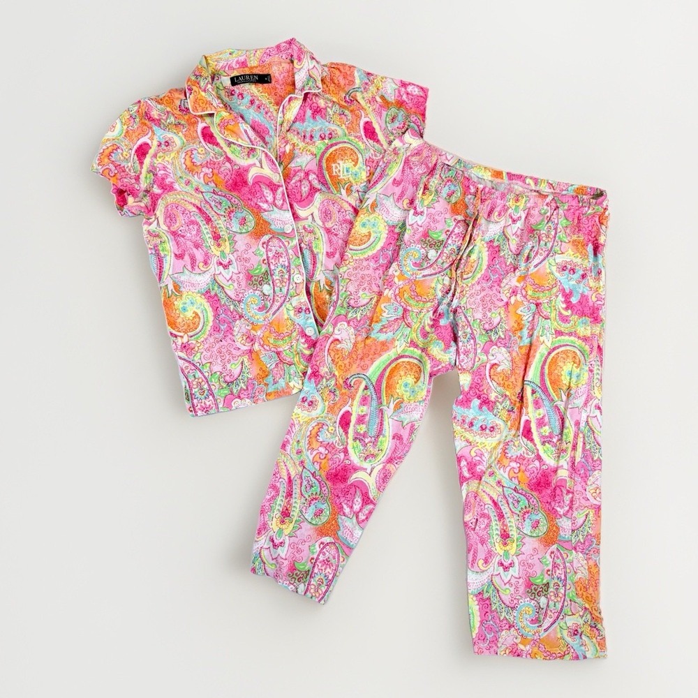 Lauren Ralph Lauren Pajama Set M Pink Paisley Capri Cotton Viscose Sleepwear